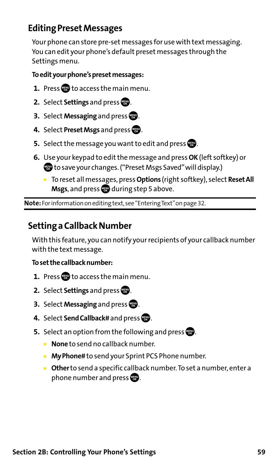 Editing preset messages, Setting a callback number | Sanyo SCP-200 User Manual | Page 65 / 182