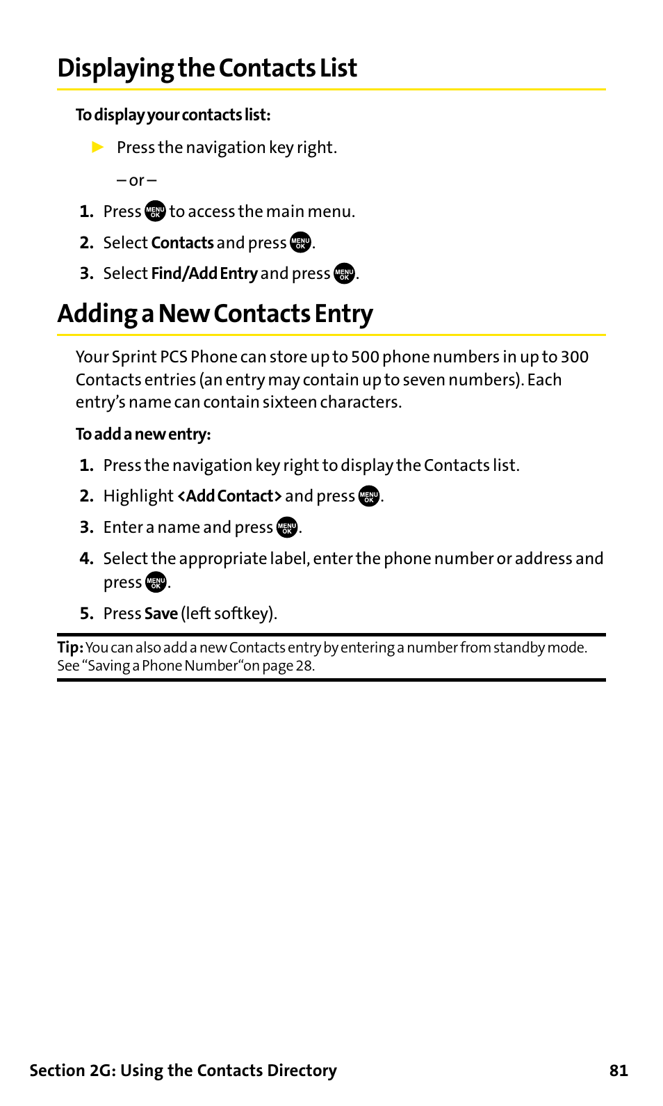 Displaying the contacts list, Adding a new contacts entry | Sanyo SCP-200 User Manual | Page 87 / 182