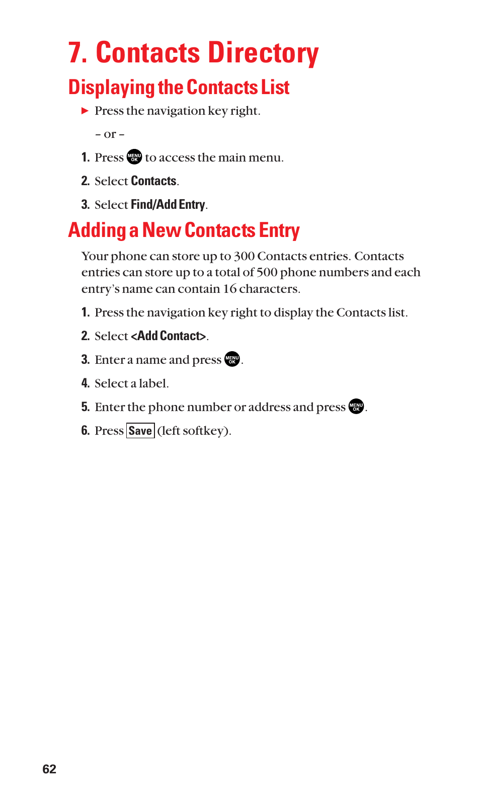 Contacts directory, Displaying the contacts list, Adding a new contacts entry | Sanyo BELL SCP-2400 User Manual | Page 70 / 140