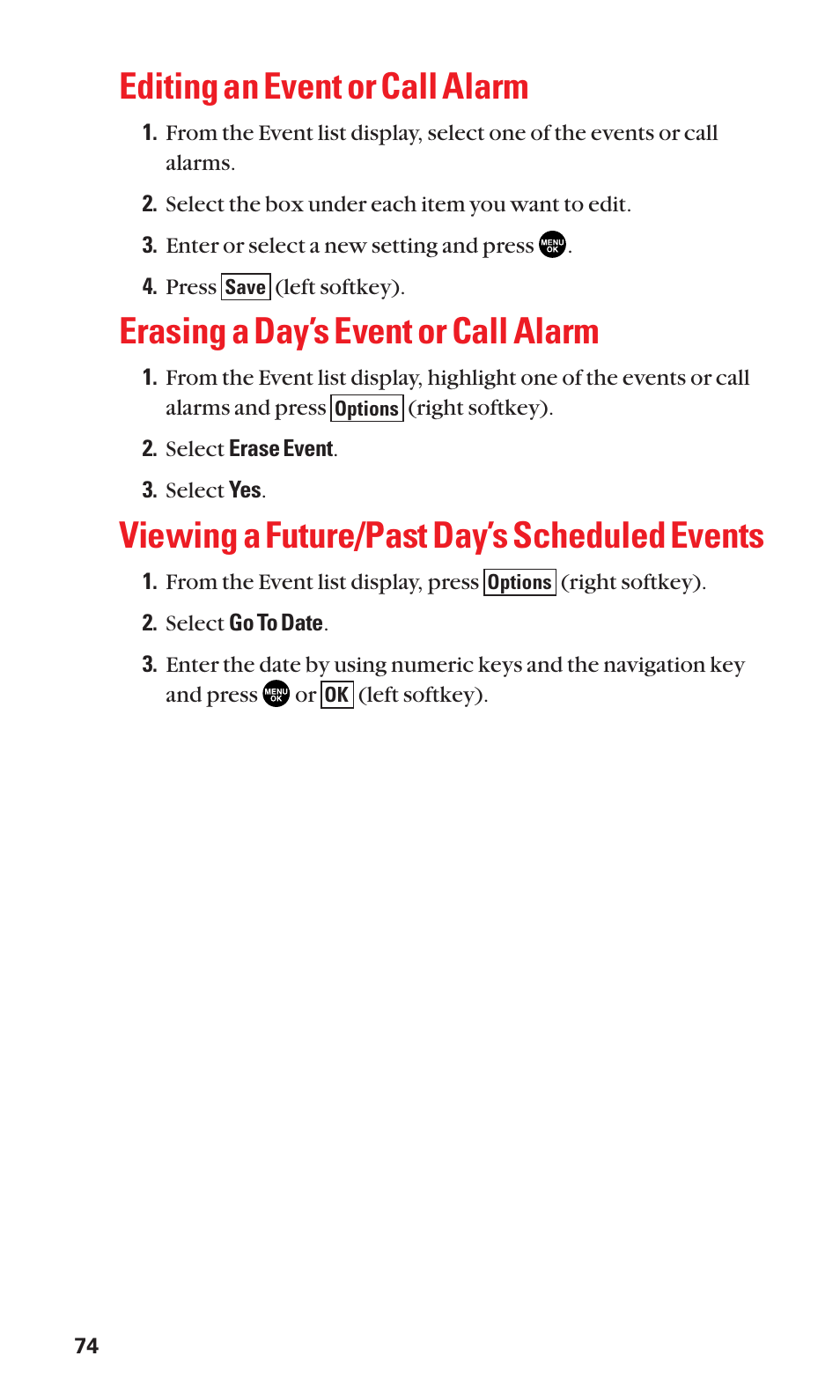 Editing an event or call alarm, Erasing a day’s event or call alarm, Viewing a future/past day’s scheduled events | Sanyo BELL SCP-2400 User Manual | Page 82 / 140