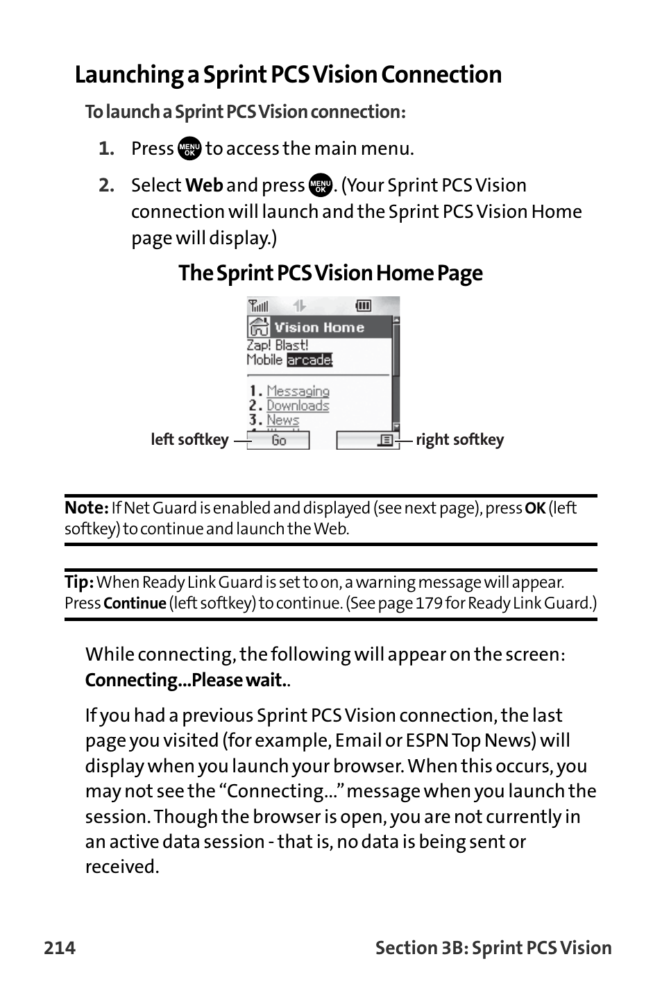 Launching a sprint pcs vision connection, The sprint pcs vision home page | Sanyo VL-2300 User Manual | Page 226 / 286