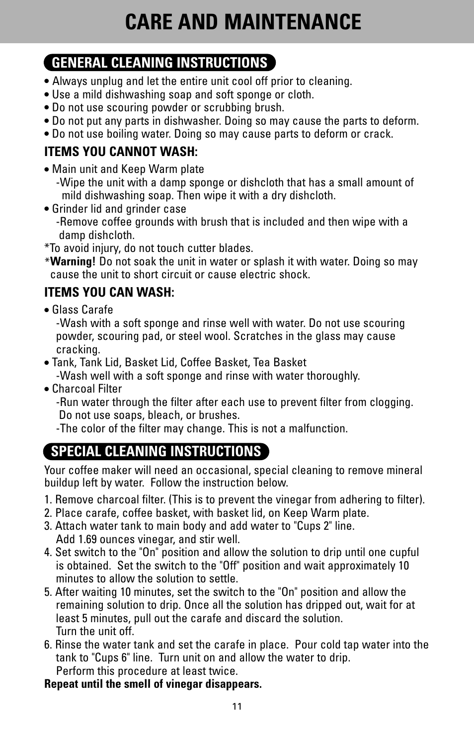 Care and maintenance, Items you cannot wash, Items you can wash | Sanyo SAC-MST6 User Manual | Page 12 / 15