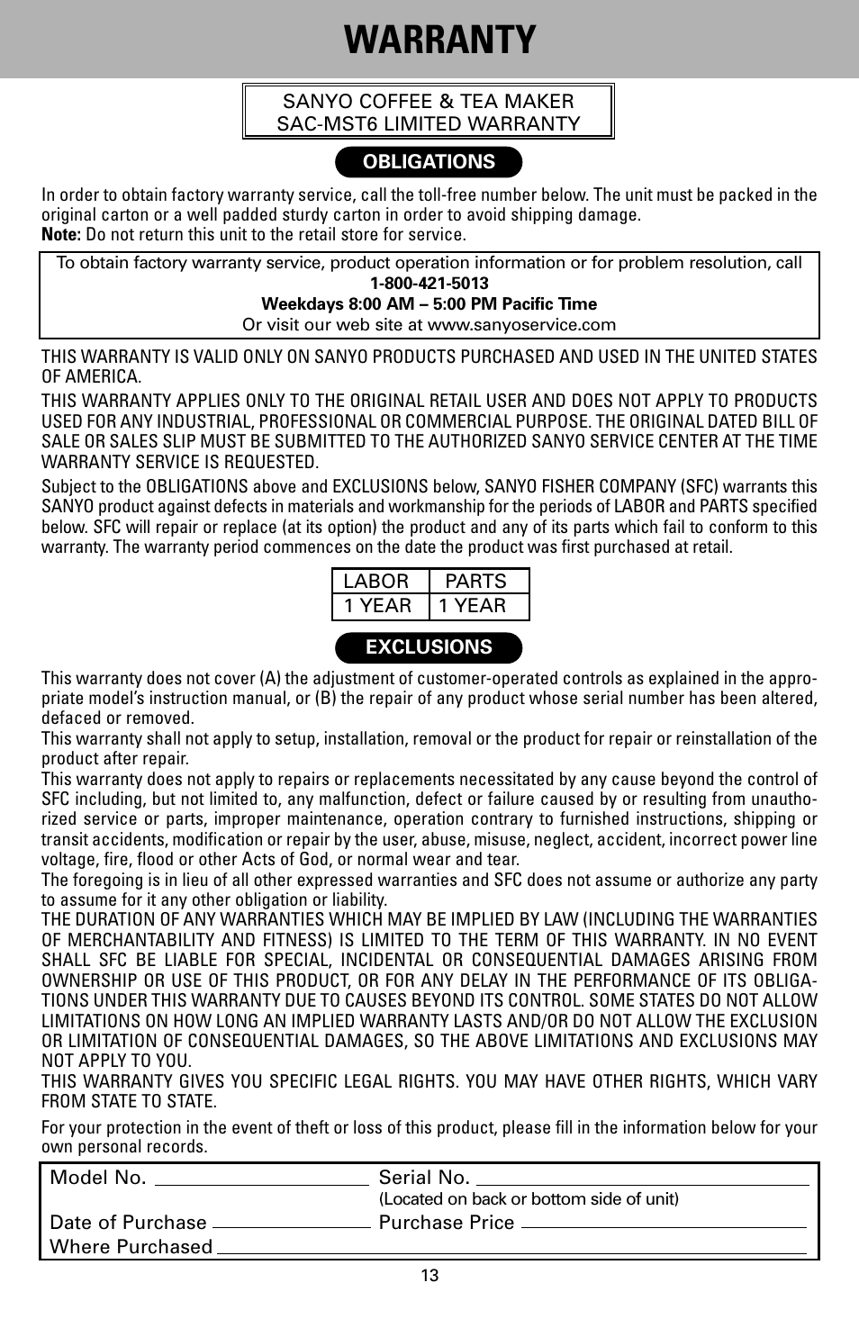 Warranty | Sanyo SAC-MST6 User Manual | Page 14 / 15