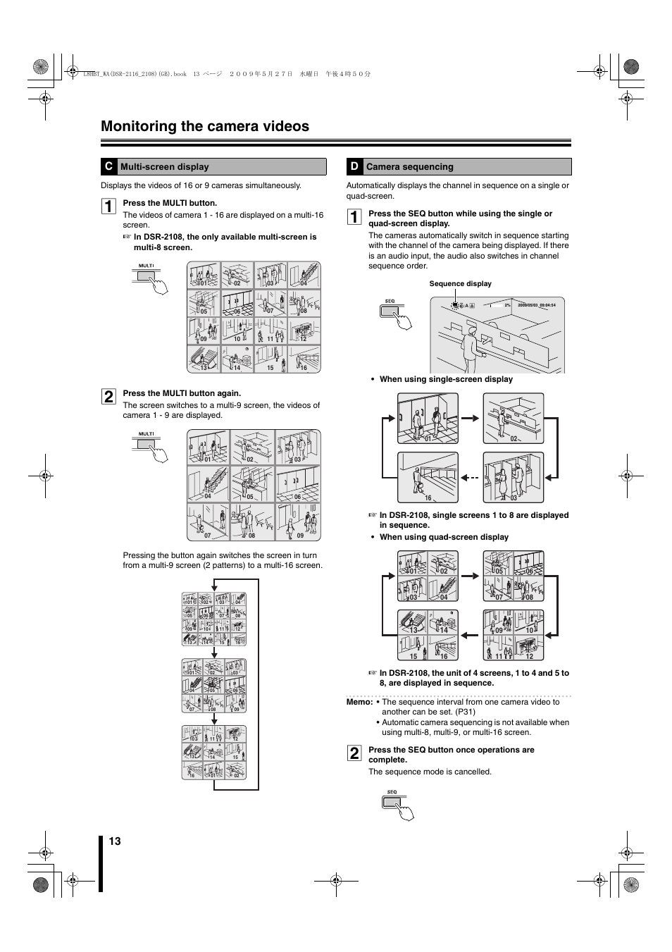 Multi-screen display, D camera sequencing, Tton (seq) (p13 | P13), Monitoring the camera videos, Camera sequencing | Sanyo DSR-2108 User Manual | Page 20 / 92