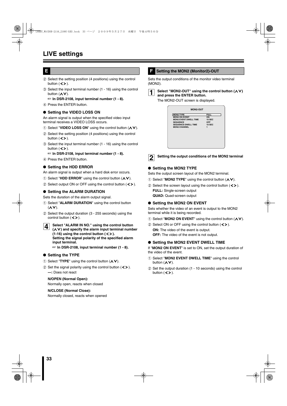 F setting the mon2 (monitor2)-out, Live settings | Sanyo DSR-2108 User Manual | Page 40 / 92