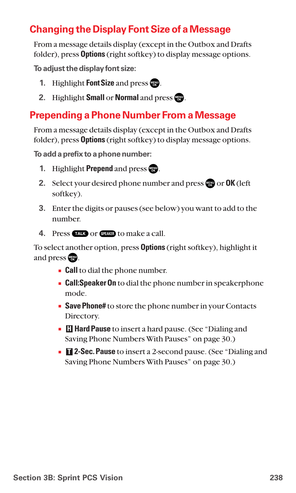 Changing the display font size of a message, Prepending a phone number from a message | Sanyo MM-7400 User Manual | Page 251 / 326