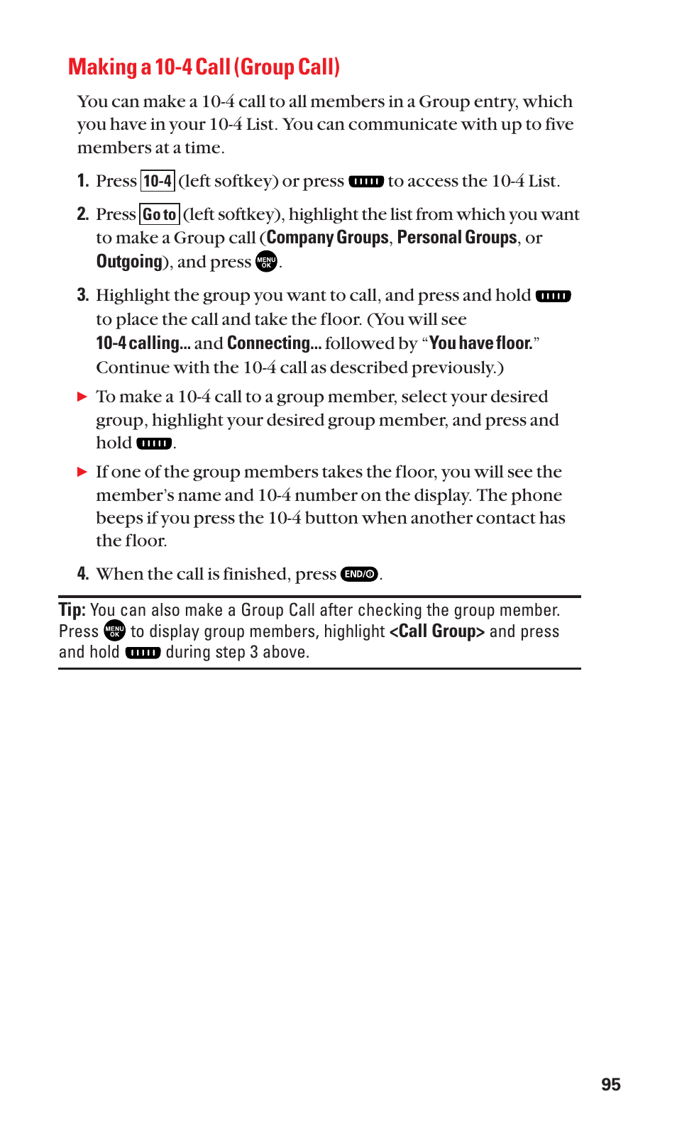 Making a 10-4 call (group call) | Sanyo SCP-2300 User Manual | Page 101 / 150