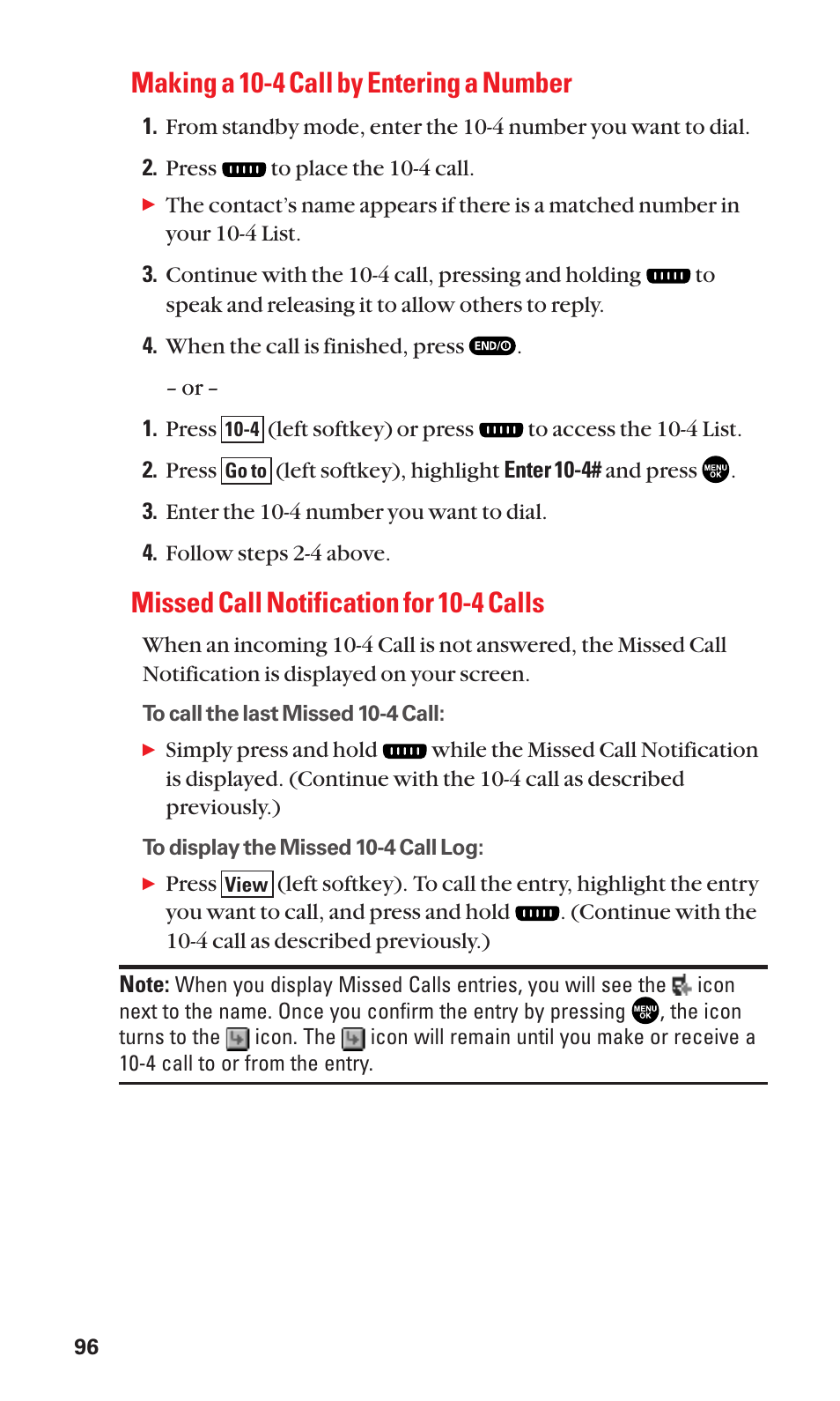 Making a 10-4 call by entering a number, Missed call notification for 10-4 calls | Sanyo SCP-2300 User Manual | Page 102 / 150