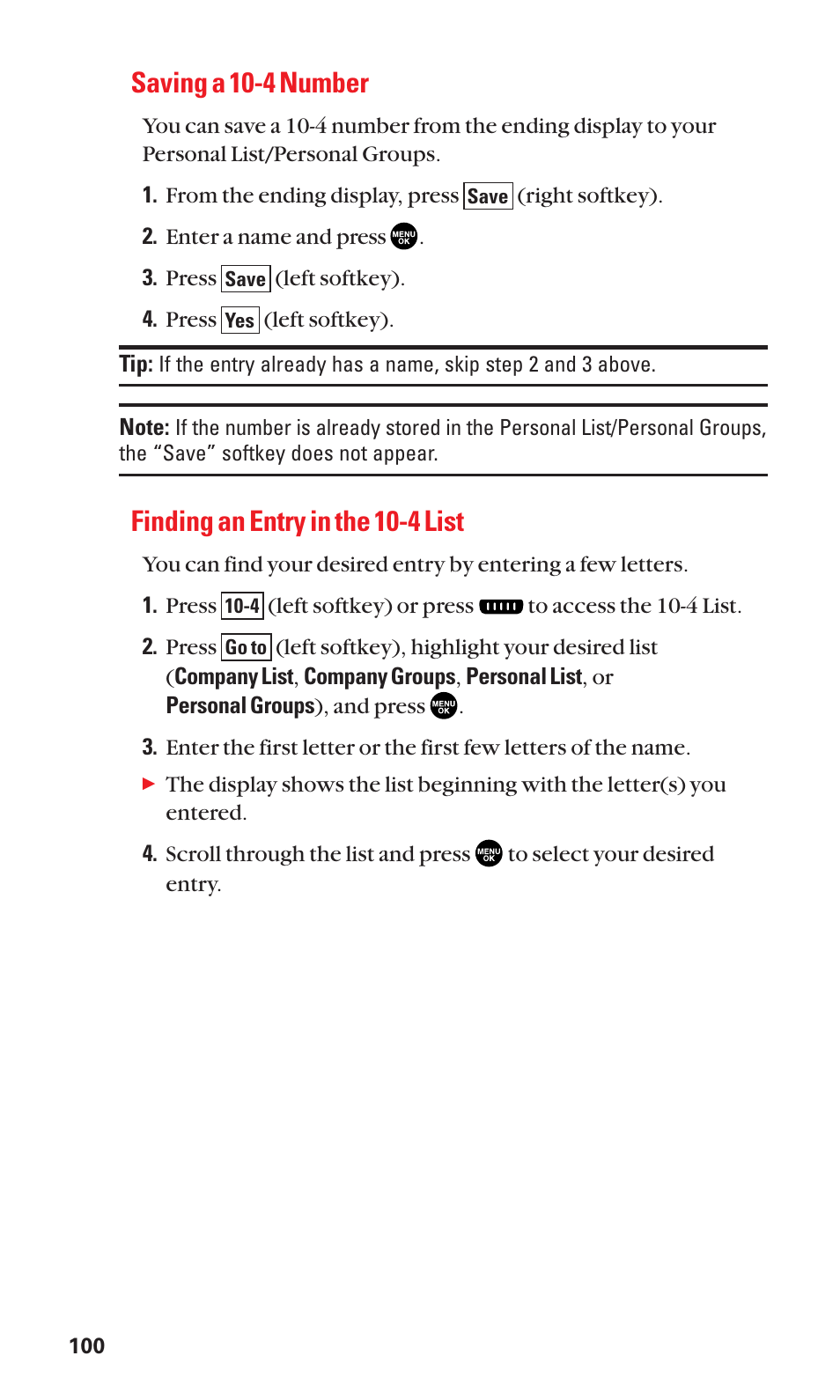 Saving a 10-4 number, Finding an entry in the 10-4 list | Sanyo SCP-2300 User Manual | Page 106 / 150