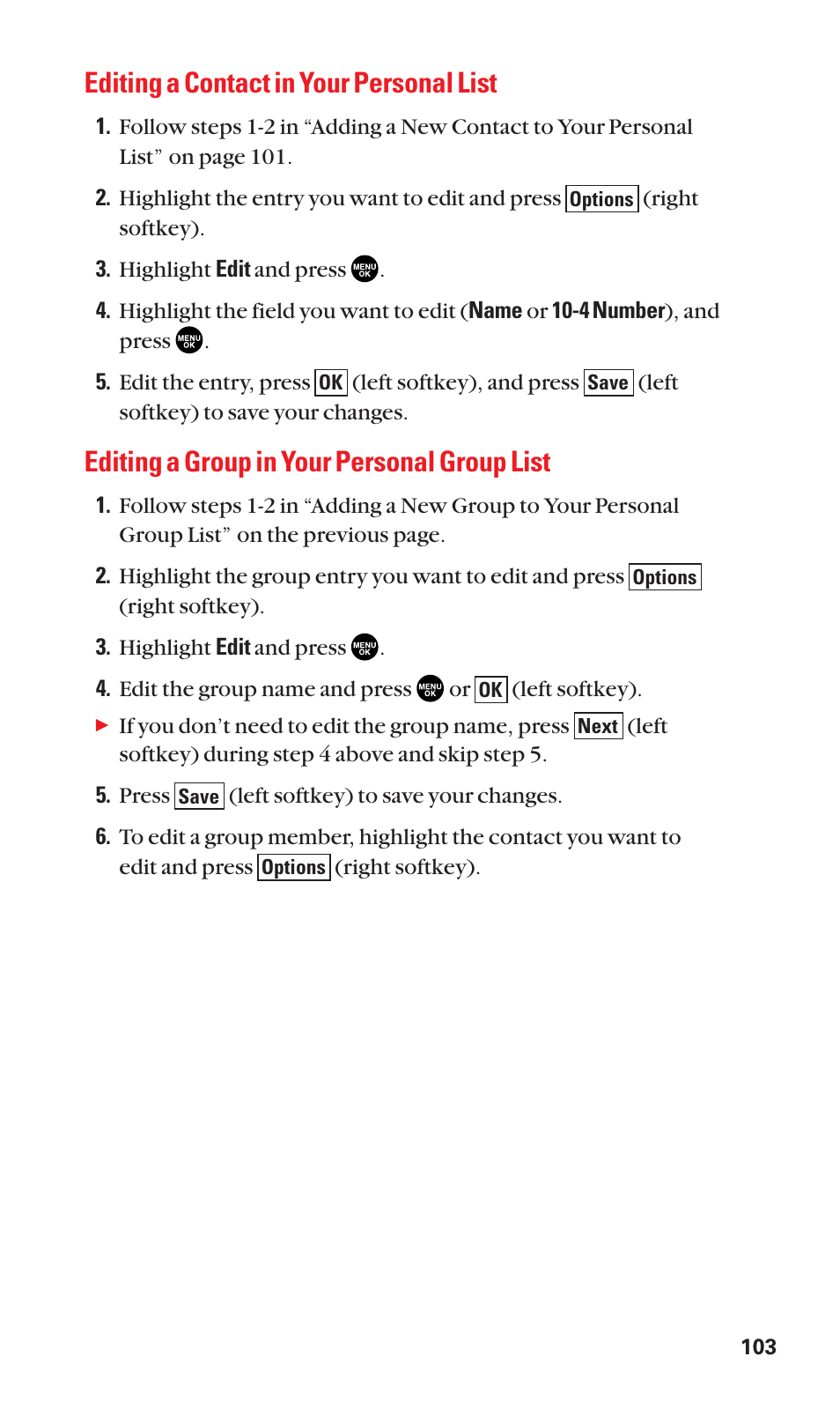 Editing a contact in your personal list, Editing a group in your personal group list | Sanyo SCP-2300 User Manual | Page 109 / 150