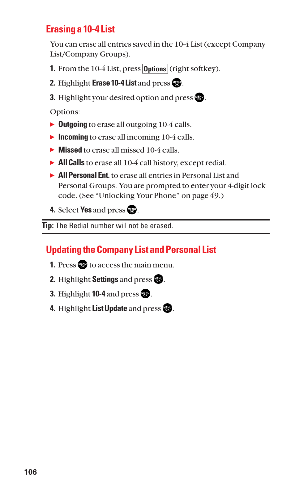 Erasing a 10-4 list, Updating the company list and personal list | Sanyo SCP-2300 User Manual | Page 112 / 150