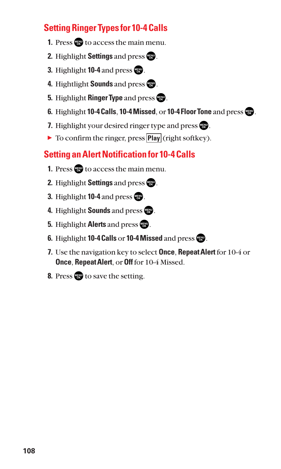 Setting ringer types for 10-4 calls, Setting an alert notification for 10-4 calls | Sanyo SCP-2300 User Manual | Page 114 / 150