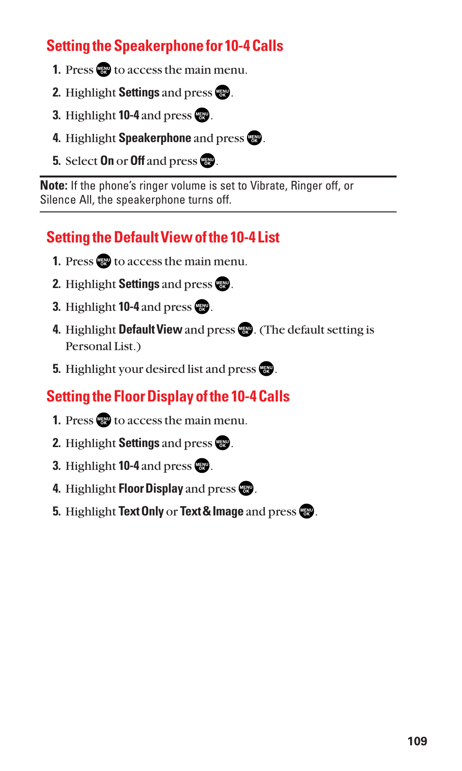 Setting the speakerphone for 10-4 calls, Setting the default view of the 10-4 list, Setting the floor display of the 10-4 calls | Sanyo SCP-2300 User Manual | Page 115 / 150