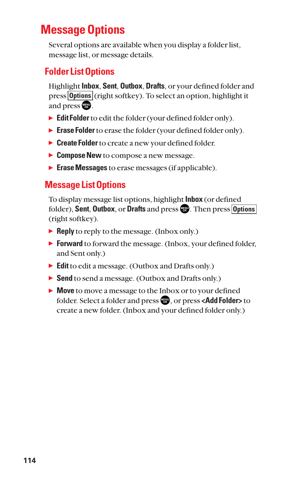 Message options, Folder list options, Message list options | Sanyo SCP-2300 User Manual | Page 120 / 150