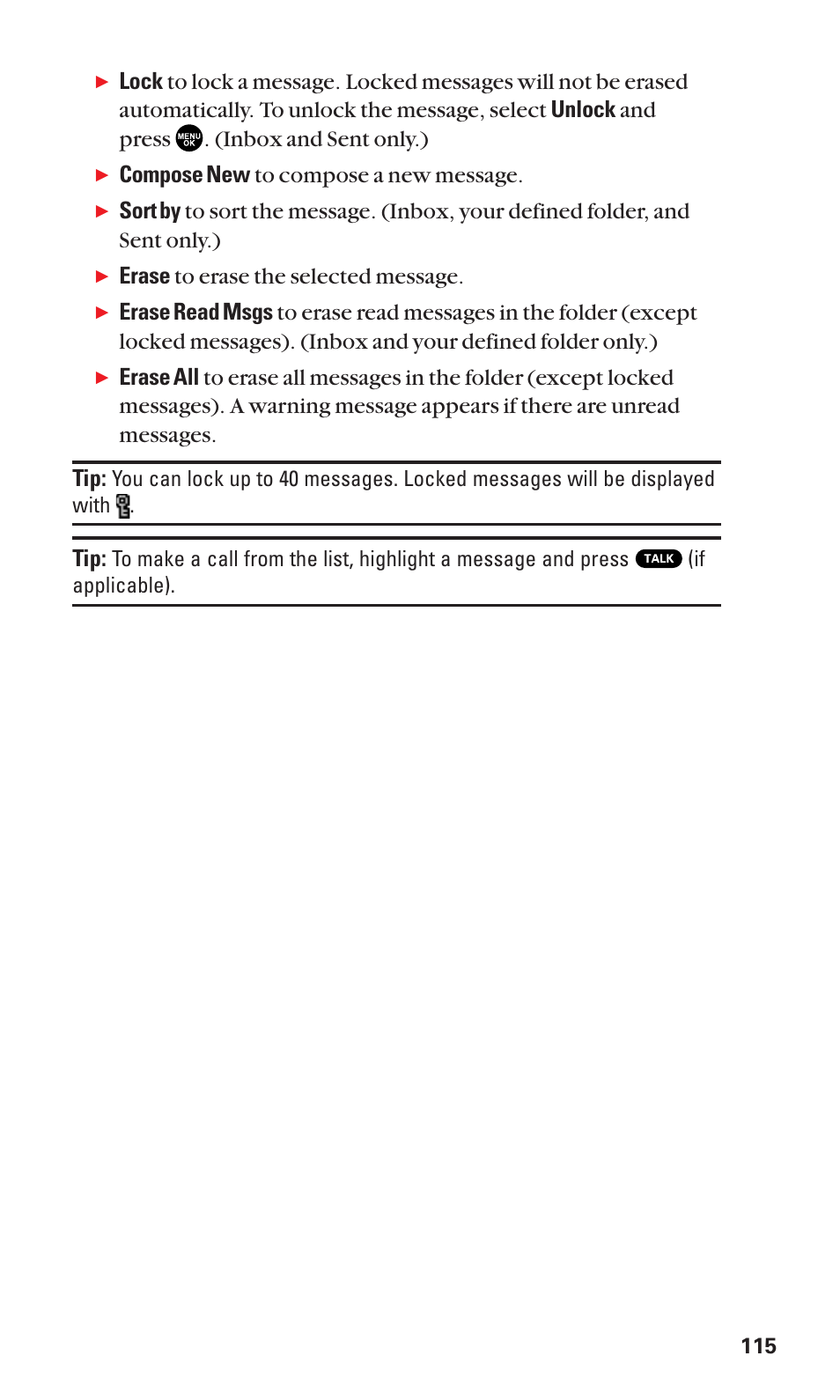 Compose new to compose a new message, Erase to erase the selected message | Sanyo SCP-2300 User Manual | Page 121 / 150