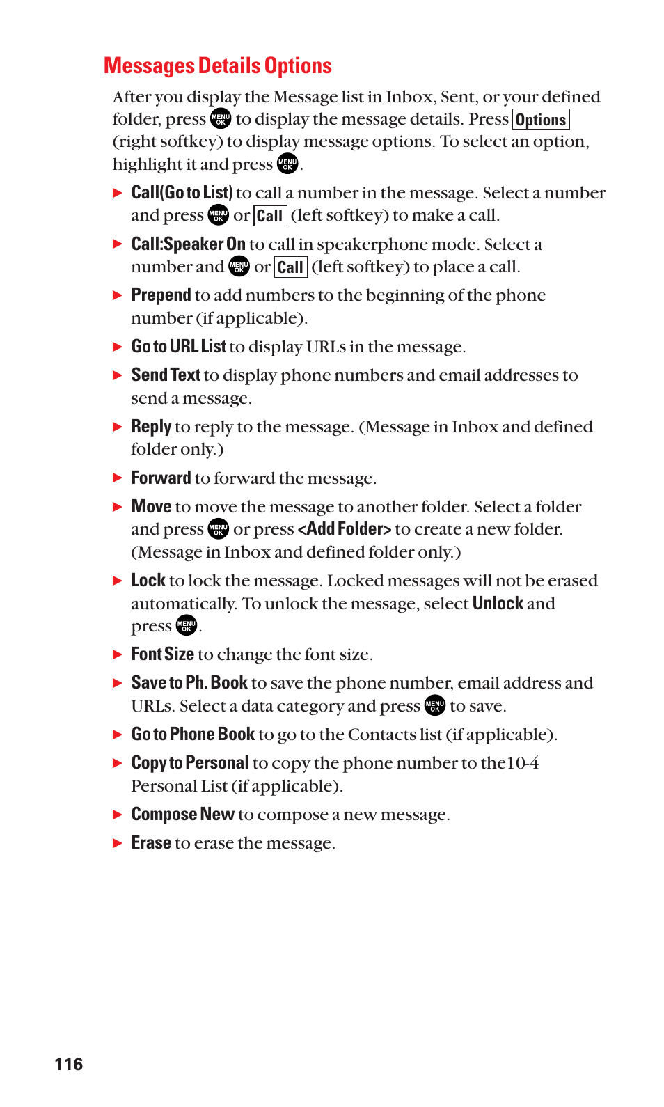 Messages details options, Go to url list to display urls in the message, Forward to forward the message | Font size to change the font size, Compose new to compose a new message, Erase to erase the message | Sanyo SCP-2300 User Manual | Page 122 / 150
