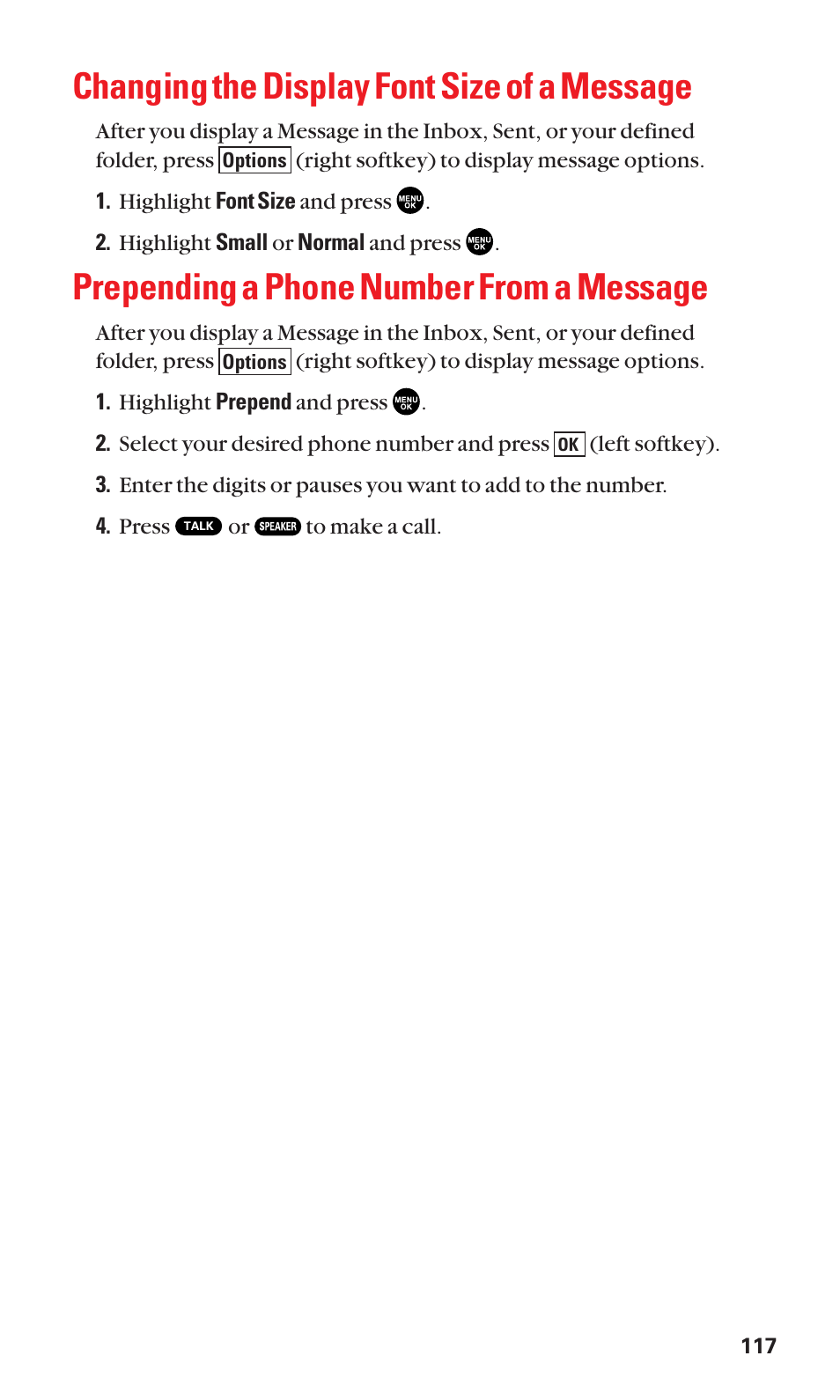 Changing the display font size of a message, Prepending a phone number from a message | Sanyo SCP-2300 User Manual | Page 123 / 150