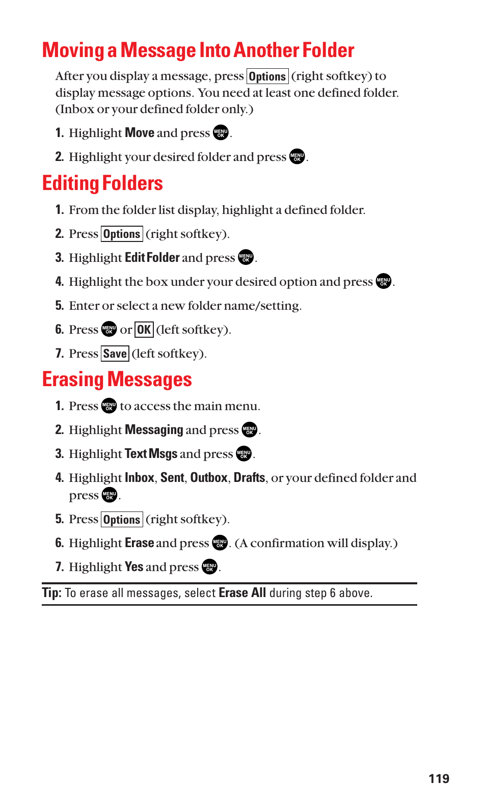 Moving a message into another folder, Editing folders, Erasing messages | Sanyo SCP-2300 User Manual | Page 125 / 150