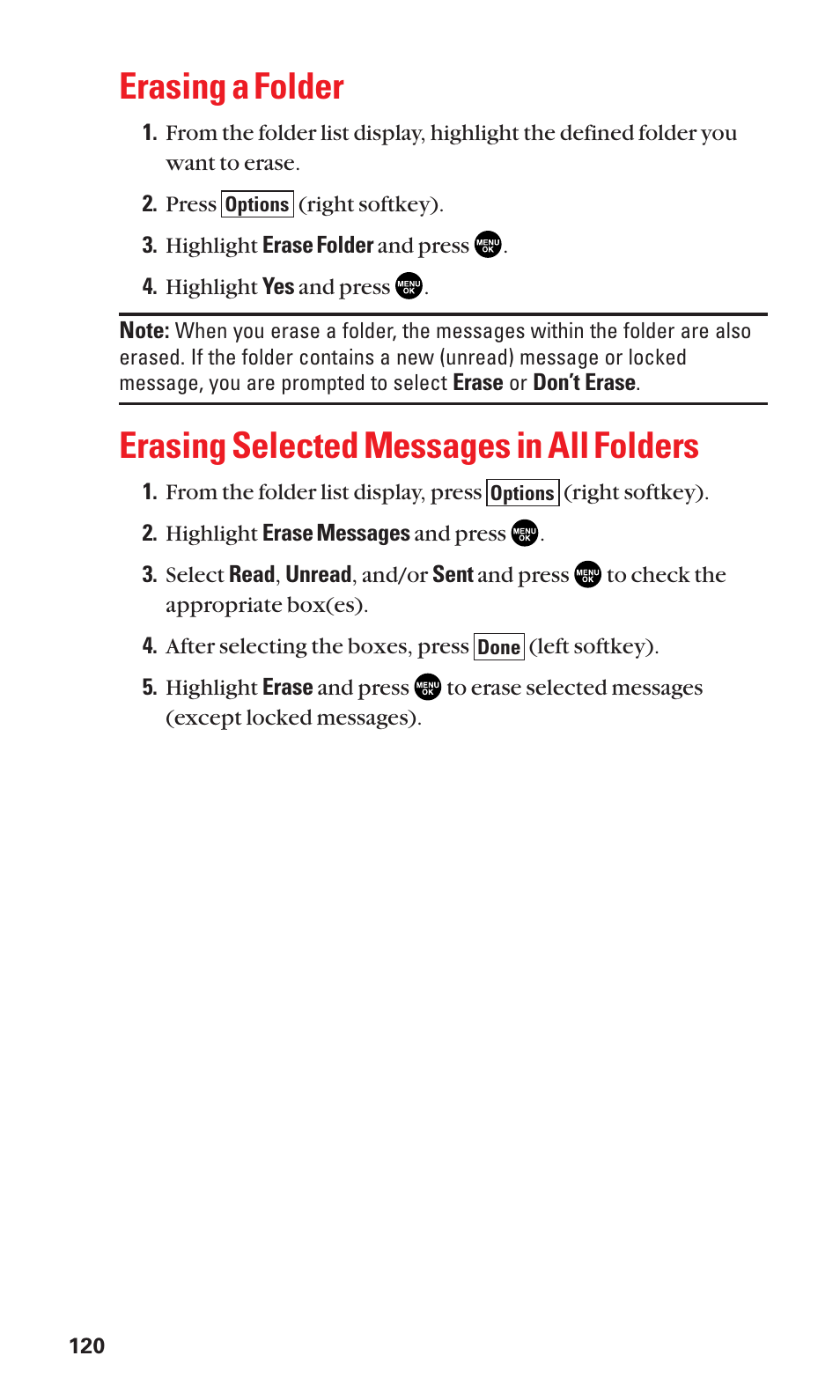 Erasing a folder, Erasing selected messages in all folders | Sanyo SCP-2300 User Manual | Page 126 / 150