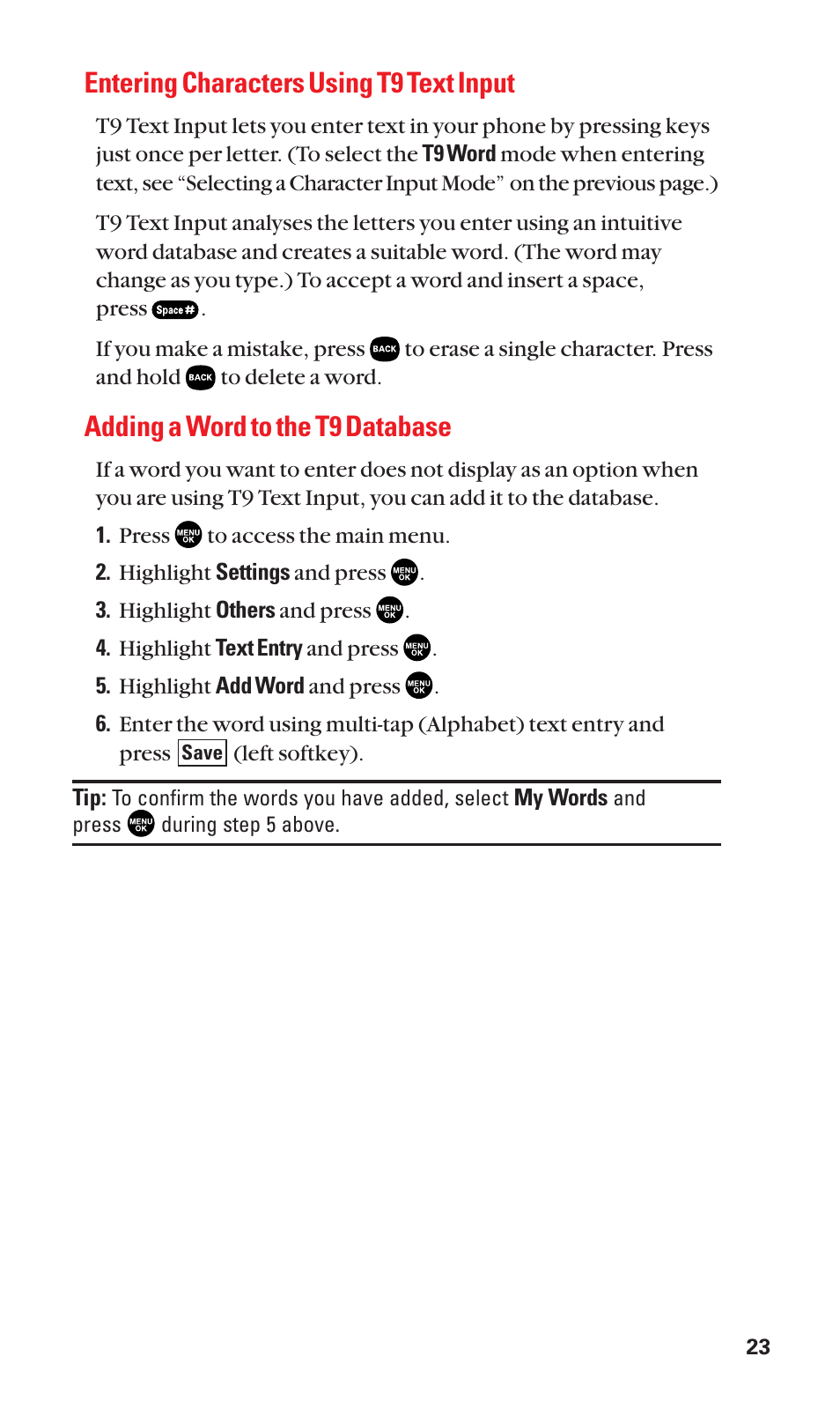 Entering characters using t9 text input, Adding a word to the t9 database | Sanyo SCP-2300 User Manual | Page 29 / 150