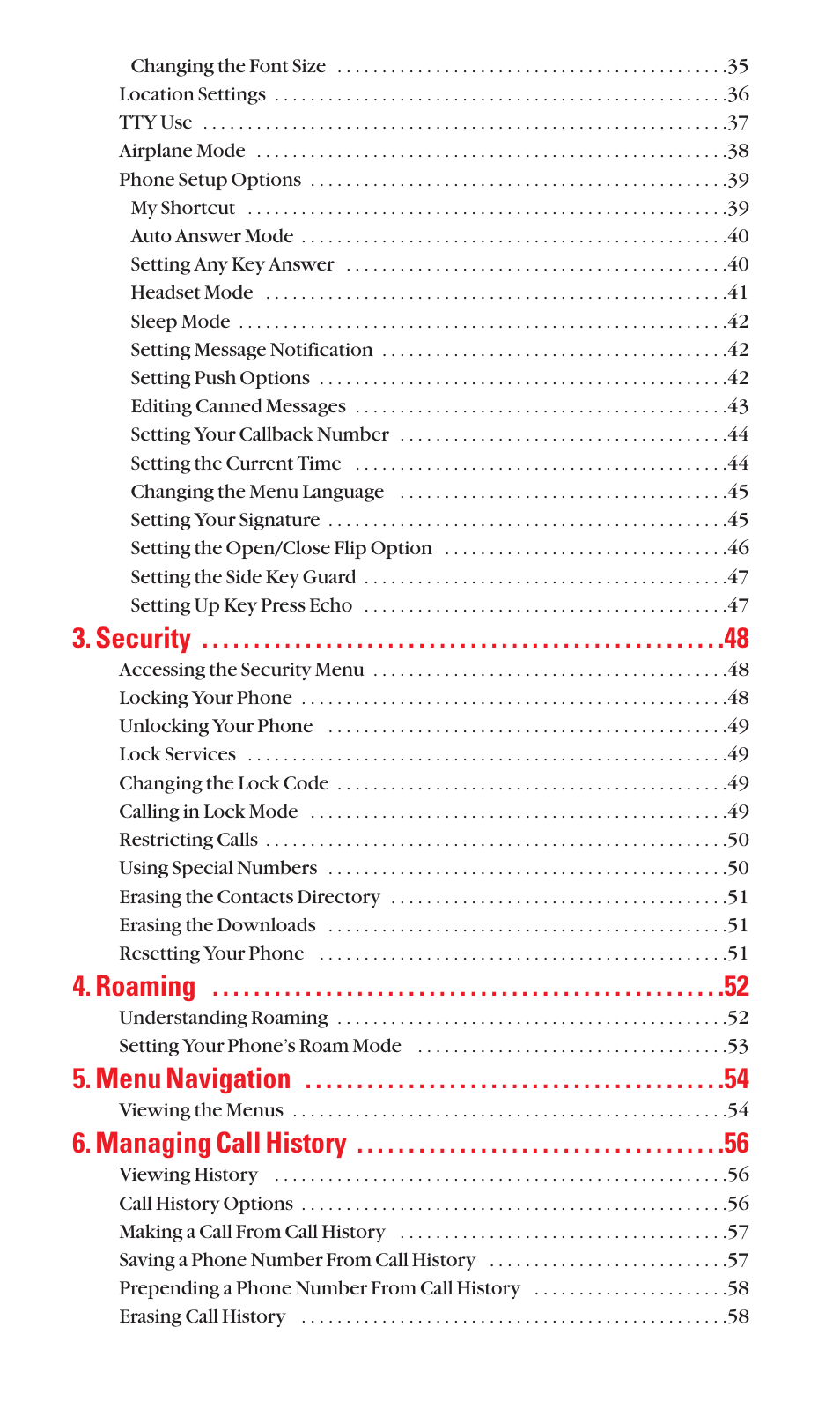 Security, Roaming, Menu navigation | Managing call history | Sanyo SCP-2300 User Manual | Page 3 / 150