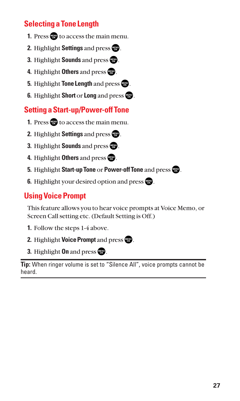 Selecting a tone length, Setting a start-up/power-off tone, Using voice prompt | Sanyo SCP-2300 User Manual | Page 33 / 150