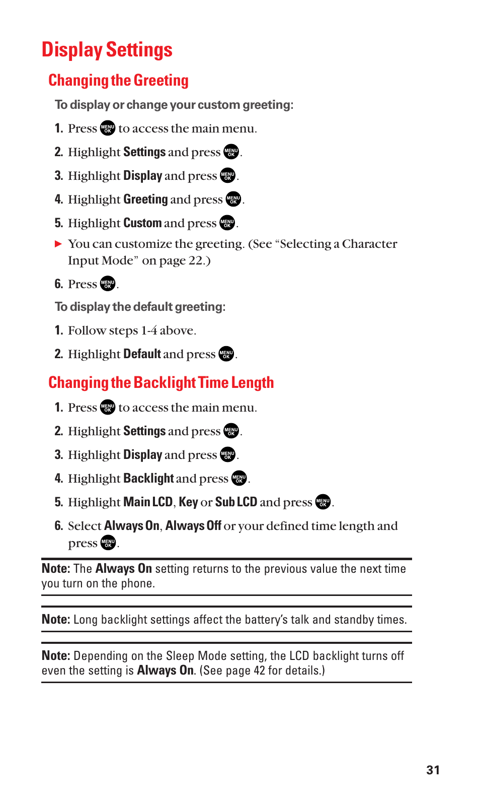 Display settings, Changing the greeting, Changing the backlight time length | Sanyo SCP-2300 User Manual | Page 37 / 150