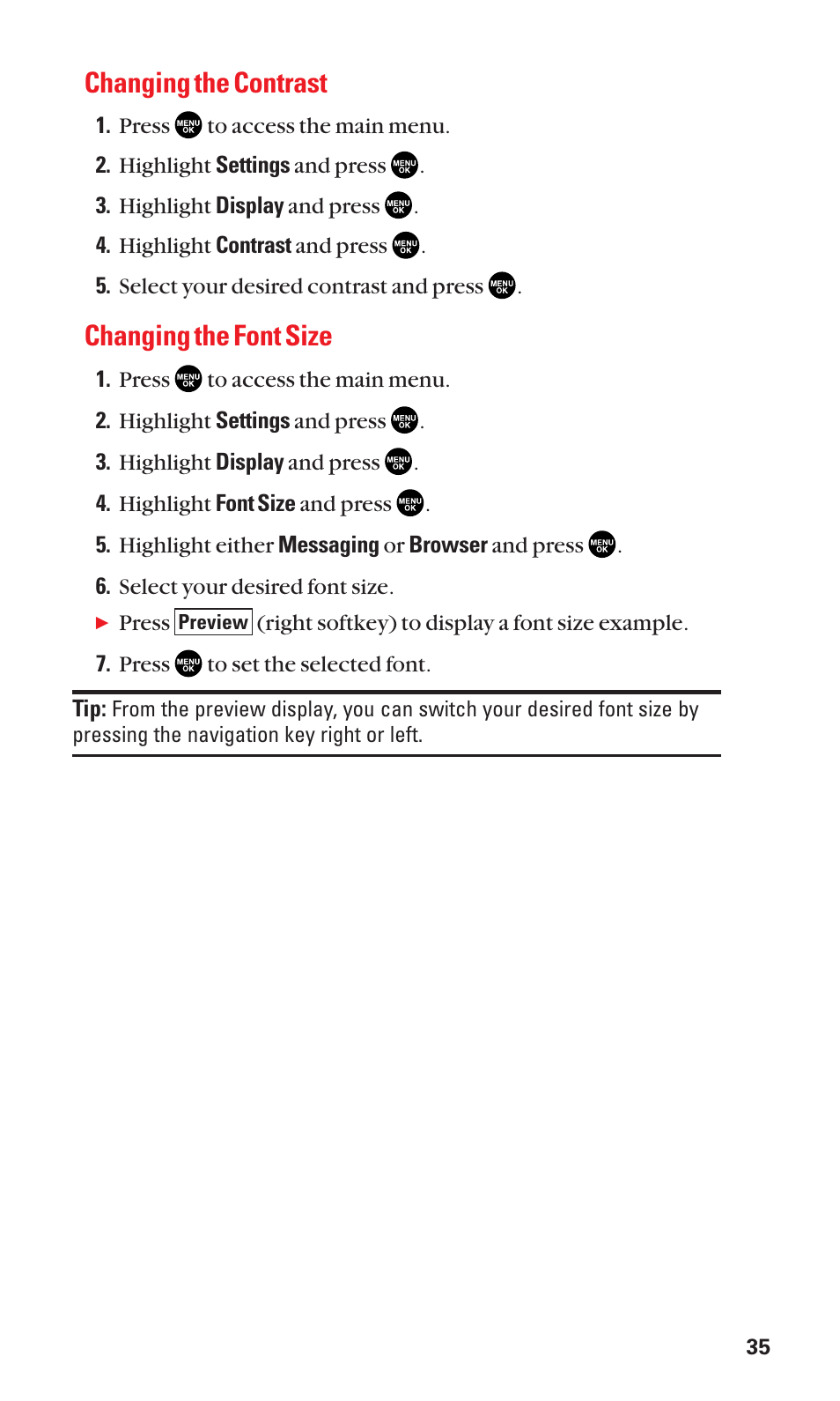 Changing the contrast, Changing the font size | Sanyo SCP-2300 User Manual | Page 41 / 150