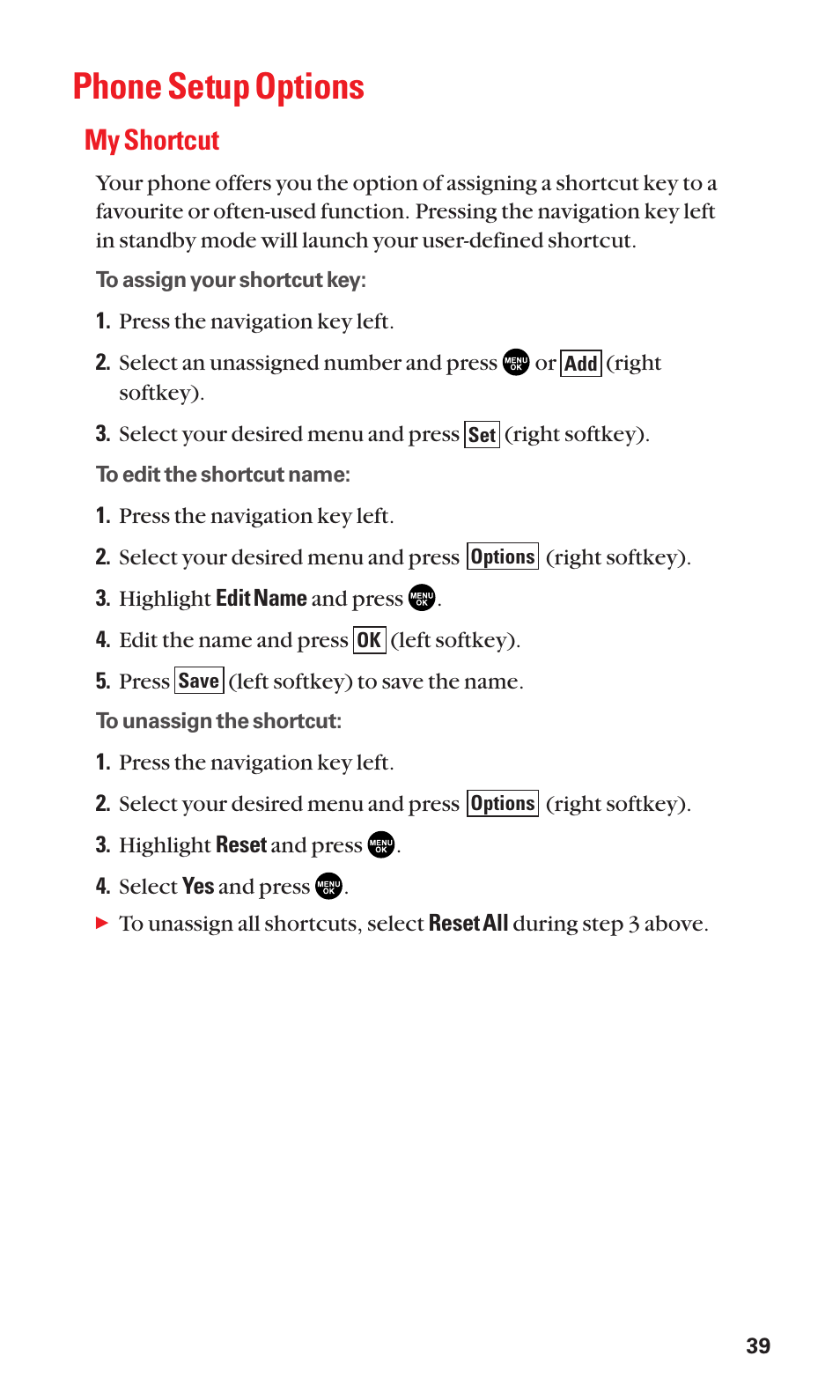 Phone setup options, My shortcut | Sanyo SCP-2300 User Manual | Page 45 / 150