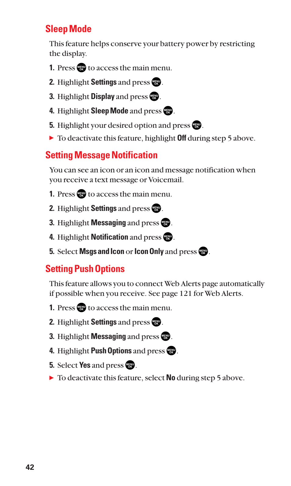 Sleep mode, Setting message notification, Setting push options | Sanyo SCP-2300 User Manual | Page 48 / 150