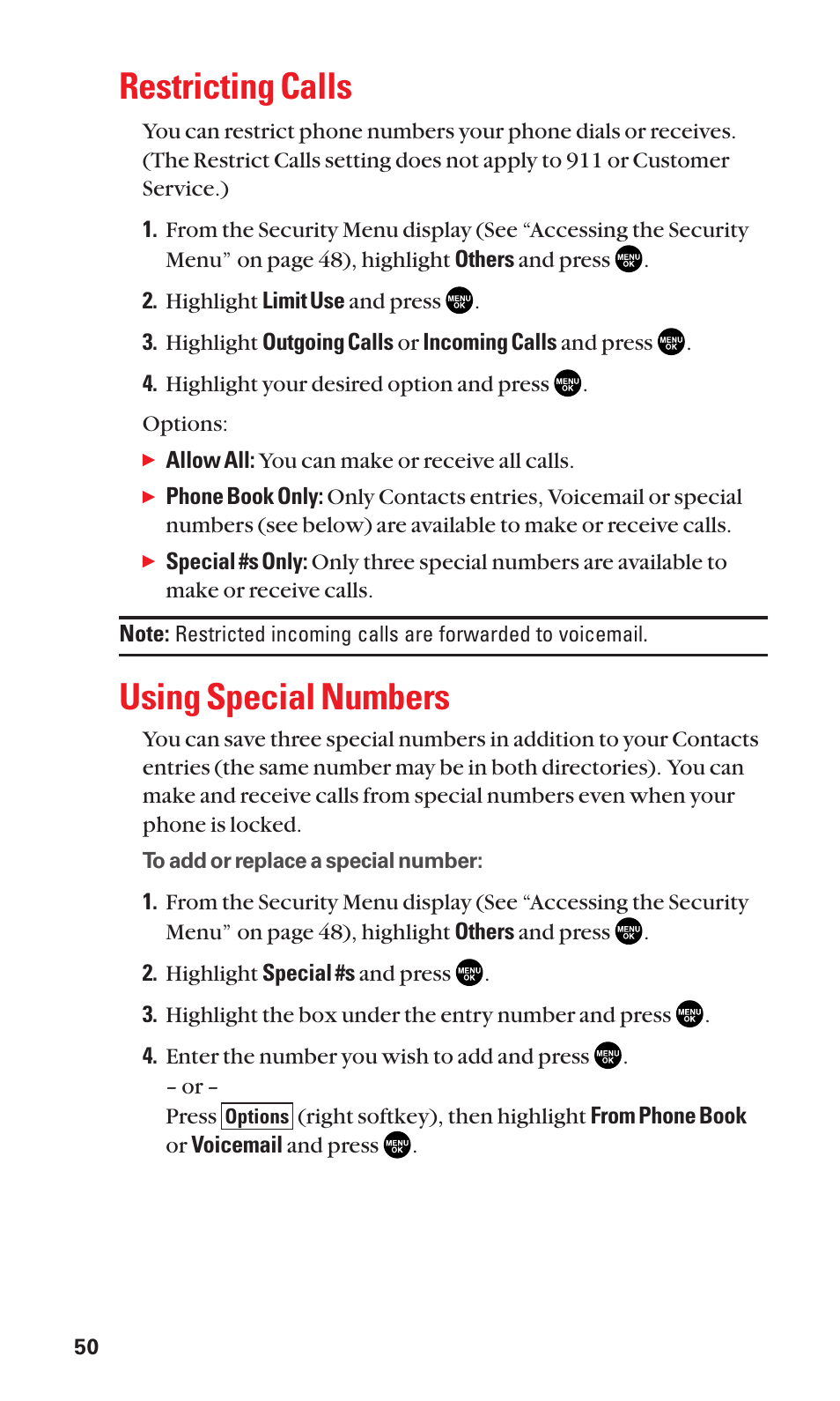 Restricting calls, Using special numbers | Sanyo SCP-2300 User Manual | Page 56 / 150