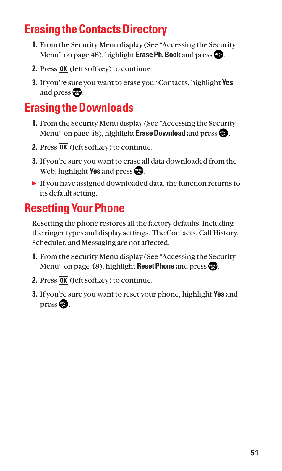 Erasing the contacts directory, Erasing the downloads, Resetting your phone | Sanyo SCP-2300 User Manual | Page 57 / 150