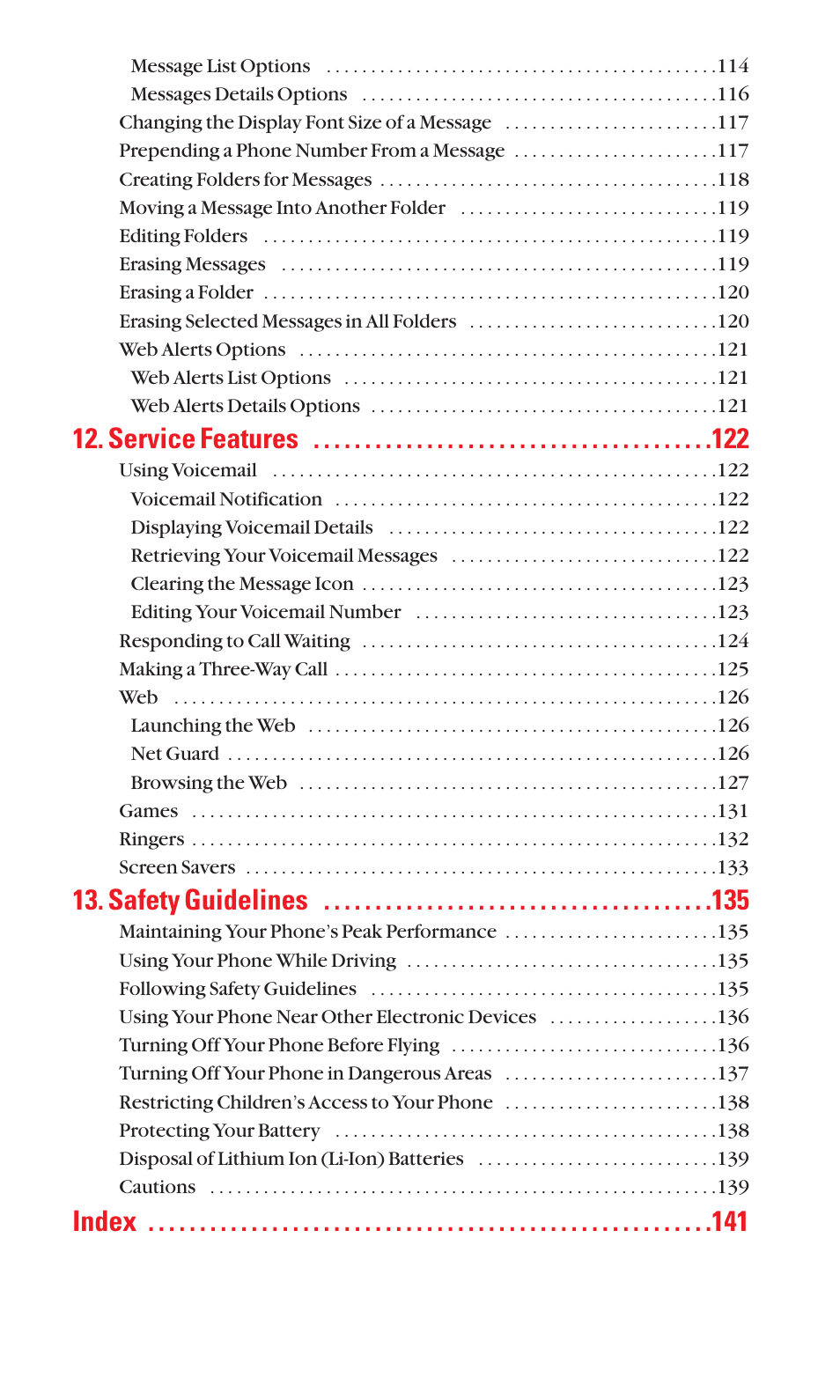Service features, Safety guidelines, Index | Sanyo SCP-2300 User Manual | Page 6 / 150