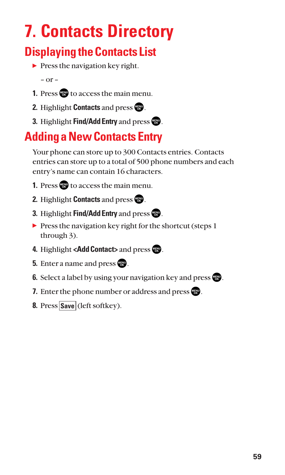 Contacts directory, Displaying the contacts list, Adding a new contacts entry | Sanyo SCP-2300 User Manual | Page 65 / 150