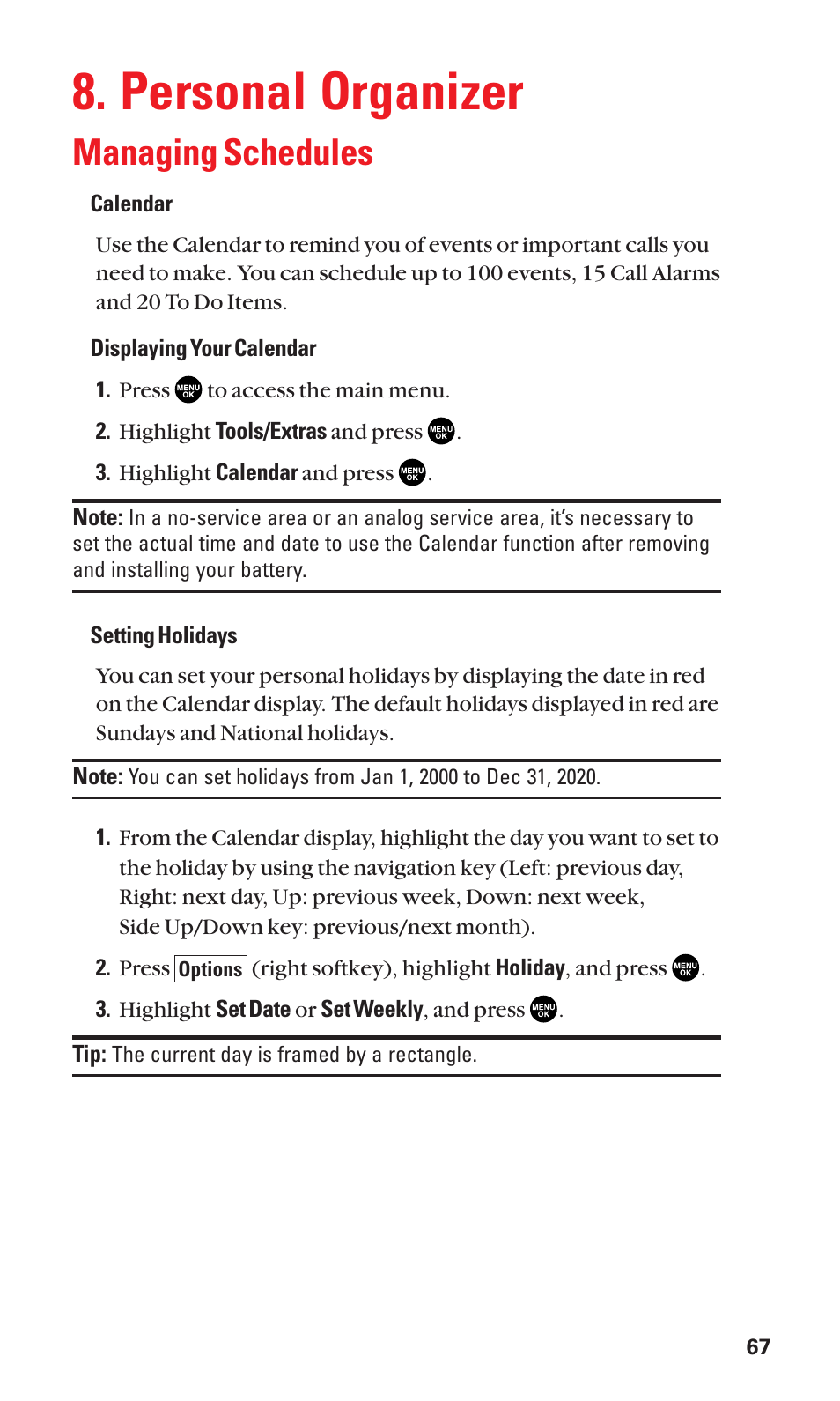 Personal organizer, Managing schedules | Sanyo SCP-2300 User Manual | Page 73 / 150