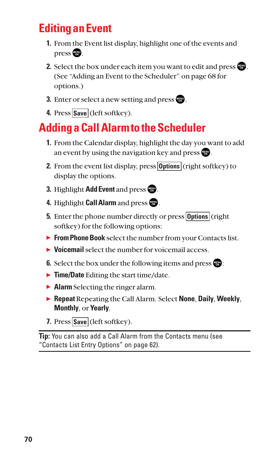 Editing an event, Adding a call alarm to the scheduler | Sanyo SCP-2300 User Manual | Page 76 / 150