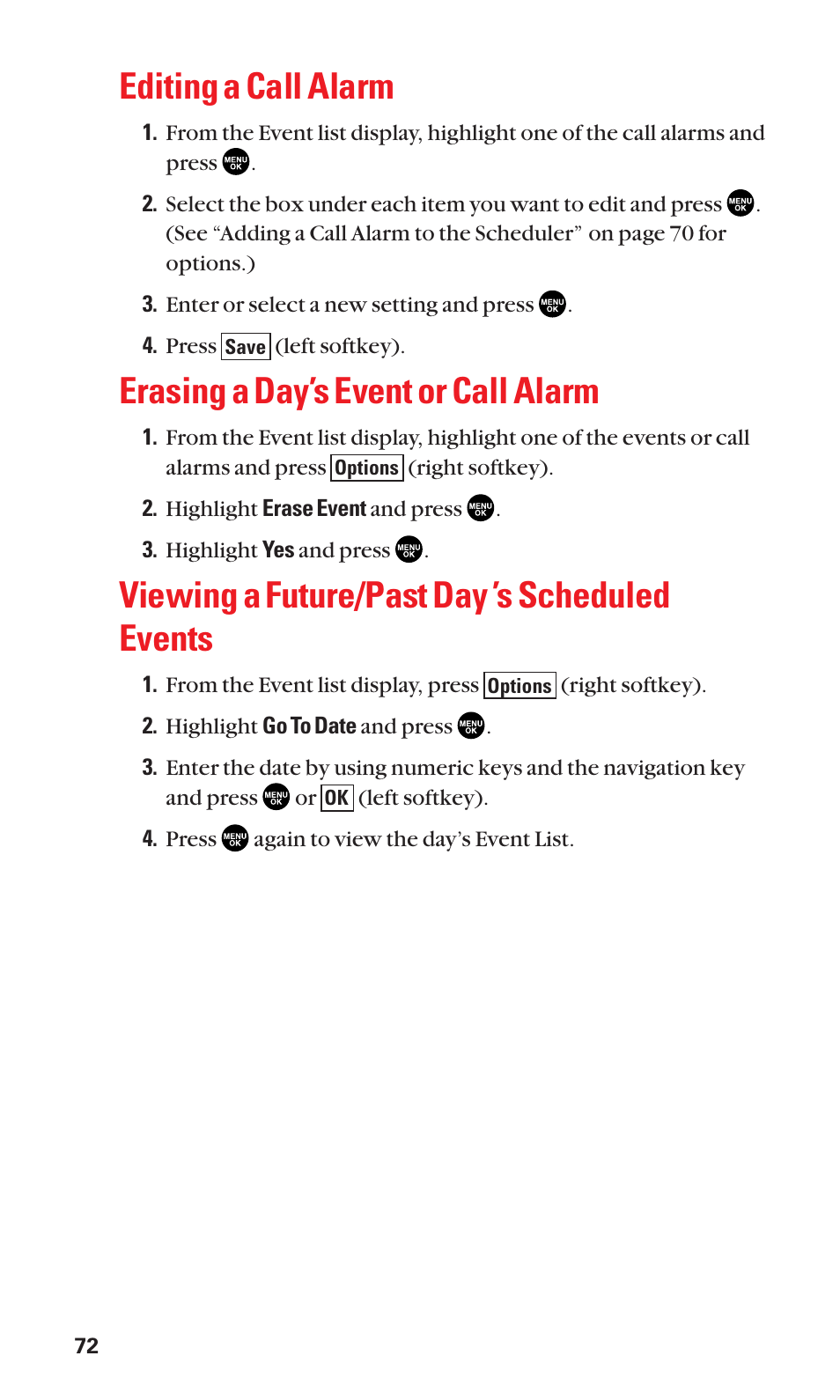 Editing a call alarm, Erasing a day’s event or call alarm, Viewing a future/past day ’s scheduled events | Sanyo SCP-2300 User Manual | Page 78 / 150