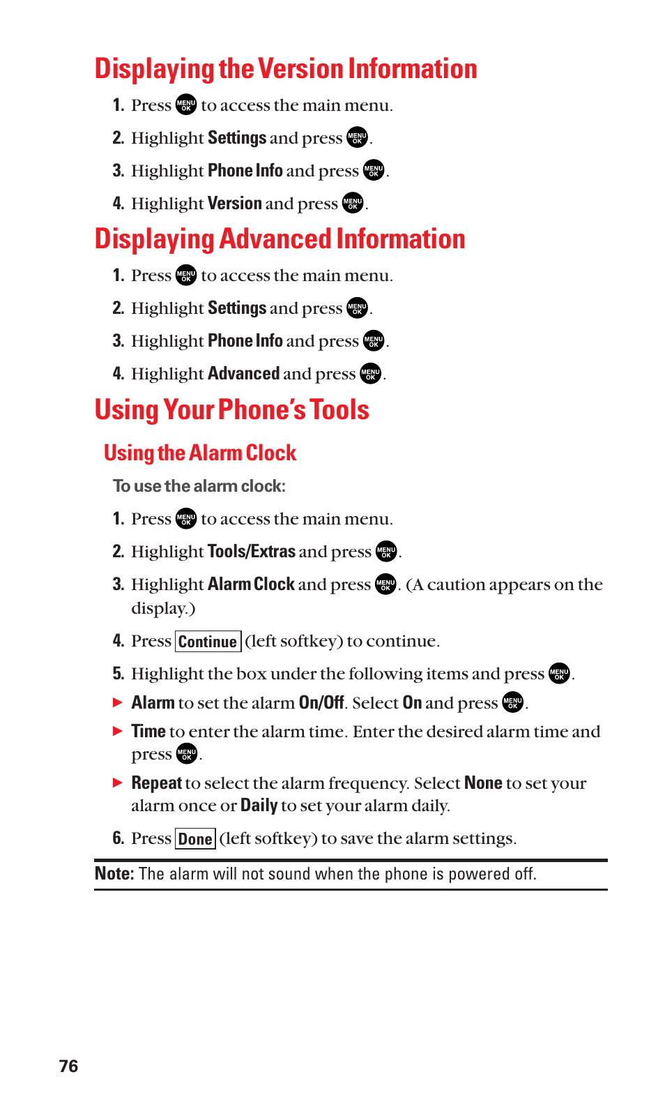 Displaying the version information, Displaying advanced information, Using your phone’s tools | Using the alarm clock | Sanyo SCP-2300 User Manual | Page 82 / 150