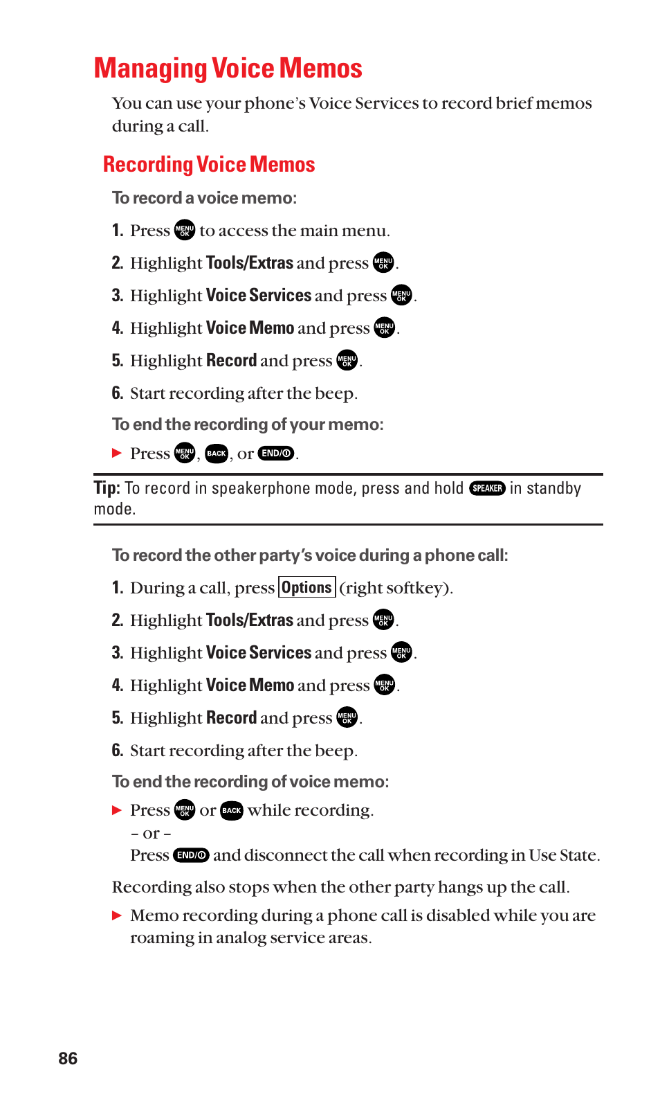 Managing voice memos, Recording voice memos | Sanyo SCP-2300 User Manual | Page 92 / 150