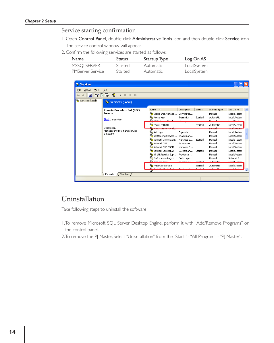 Service starting confirmation, Uninstallation, Service starting conﬁrmation | Sanyo PJ MASTER POA-PJNM01 User Manual | Page 14 / 54