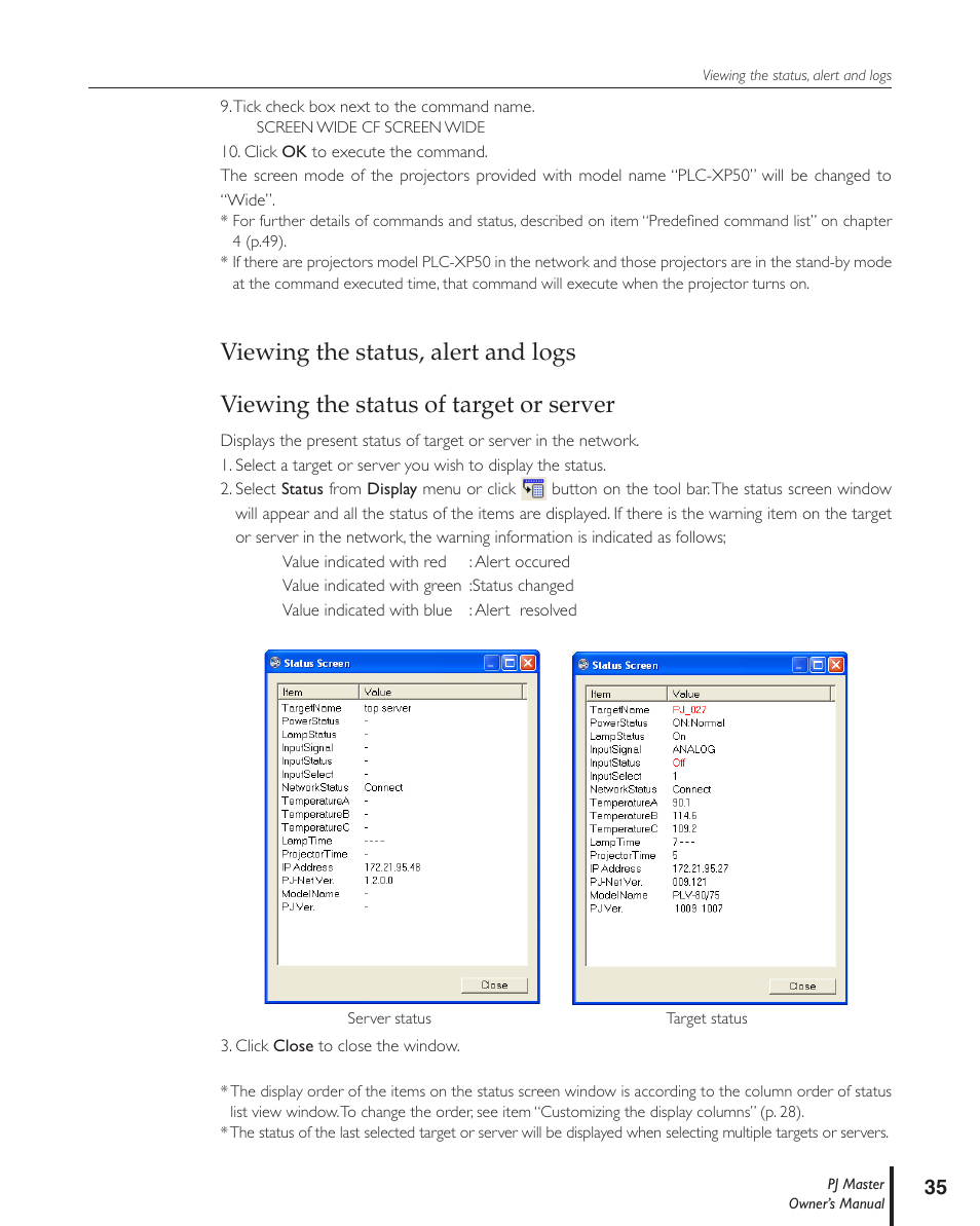 Viewing the status, alert and logs, Viewing the status of target or server | Sanyo PJ MASTER POA-PJNM01 User Manual | Page 35 / 54