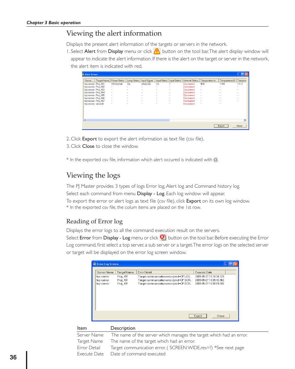Viewing the alert information, Viewing the logs, Reading of error log | Viewing the alert information viewing the logs | Sanyo PJ MASTER POA-PJNM01 User Manual | Page 36 / 54