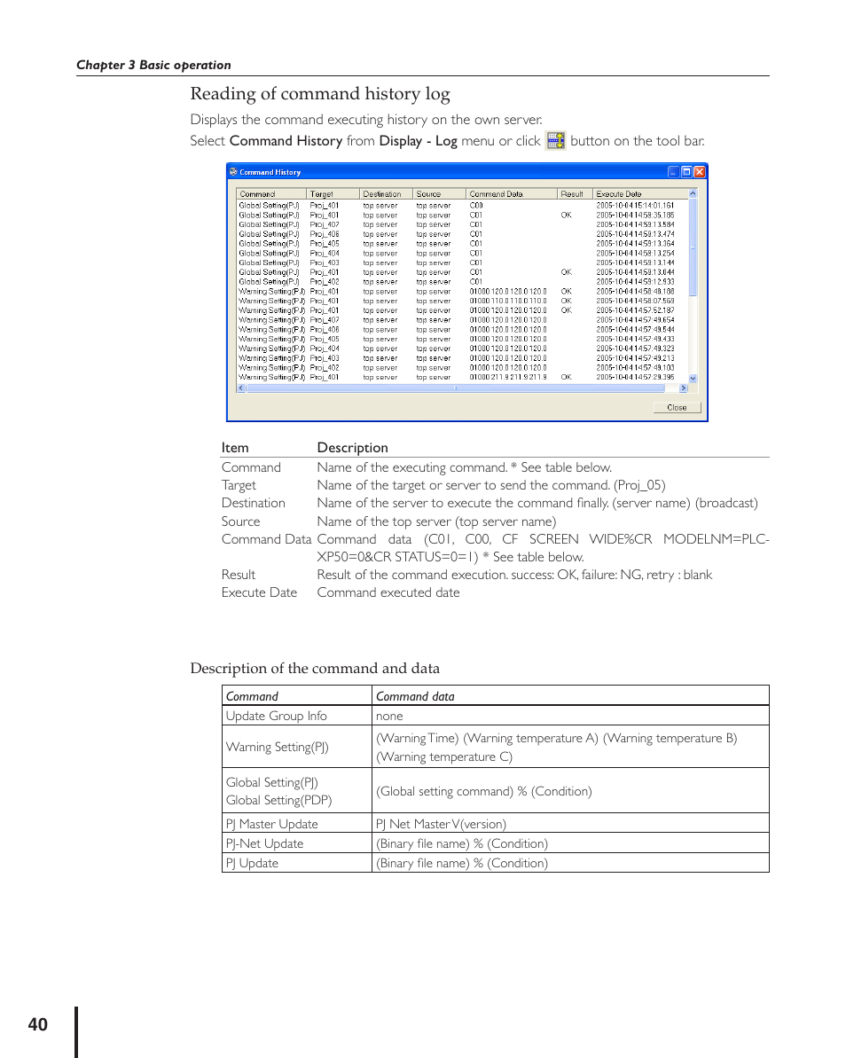 Reading of command history log, Description of the command and data | Sanyo PJ MASTER POA-PJNM01 User Manual | Page 40 / 54