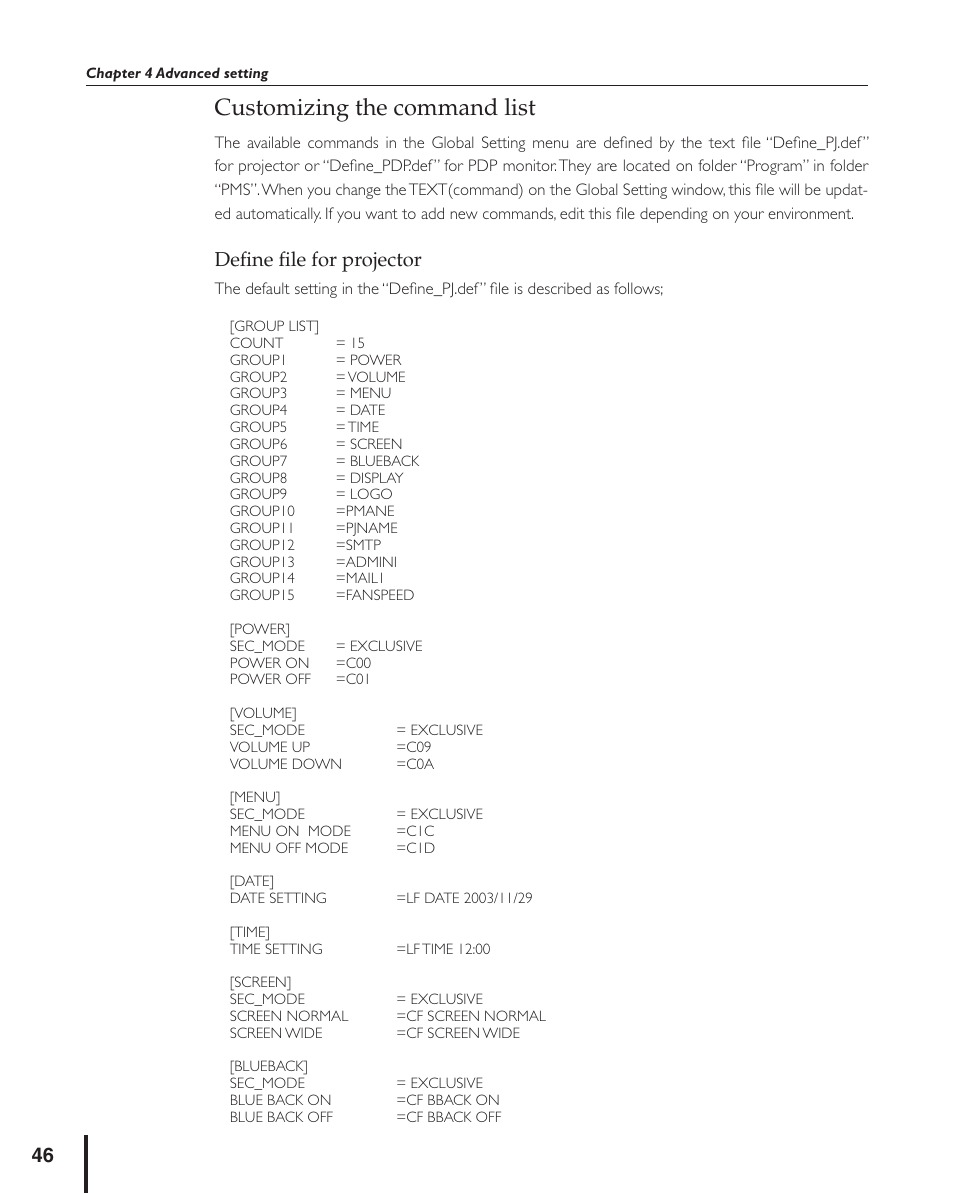 Customizing the command list, Define file for projector, Deﬁne ﬁle for projector | Sanyo PJ MASTER POA-PJNM01 User Manual | Page 46 / 54