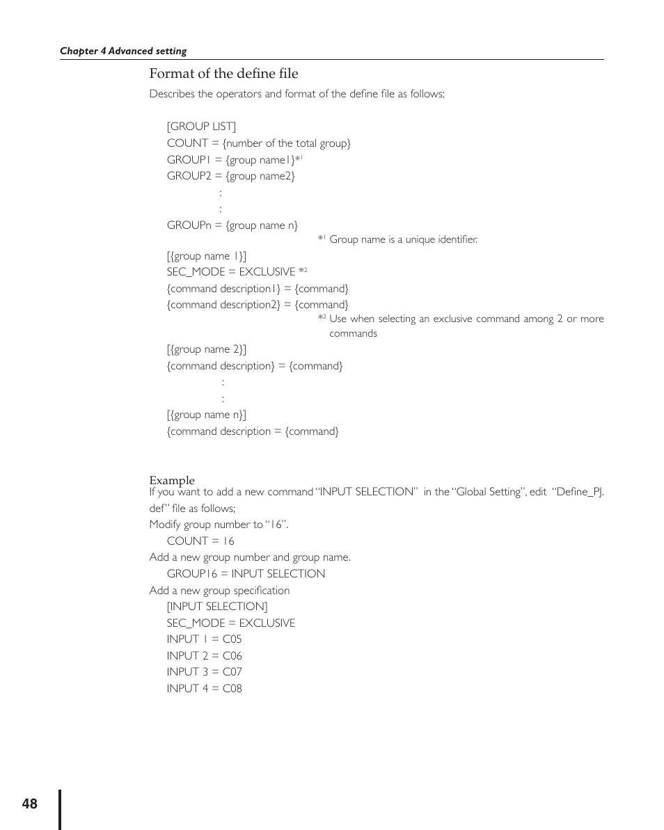 Format of the define file, Example, Format of the deﬁne ﬁle example | Format of the deﬁne ﬁle | Sanyo PJ MASTER POA-PJNM01 User Manual | Page 48 / 54