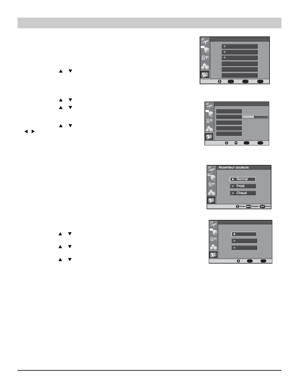 Réglage de l’image/du son, Rehaussement des couleurs, Vitesse de balayage | Réglage manuel de l’image/du son | Sanyo HT27744 User Manual | Page 67 / 72