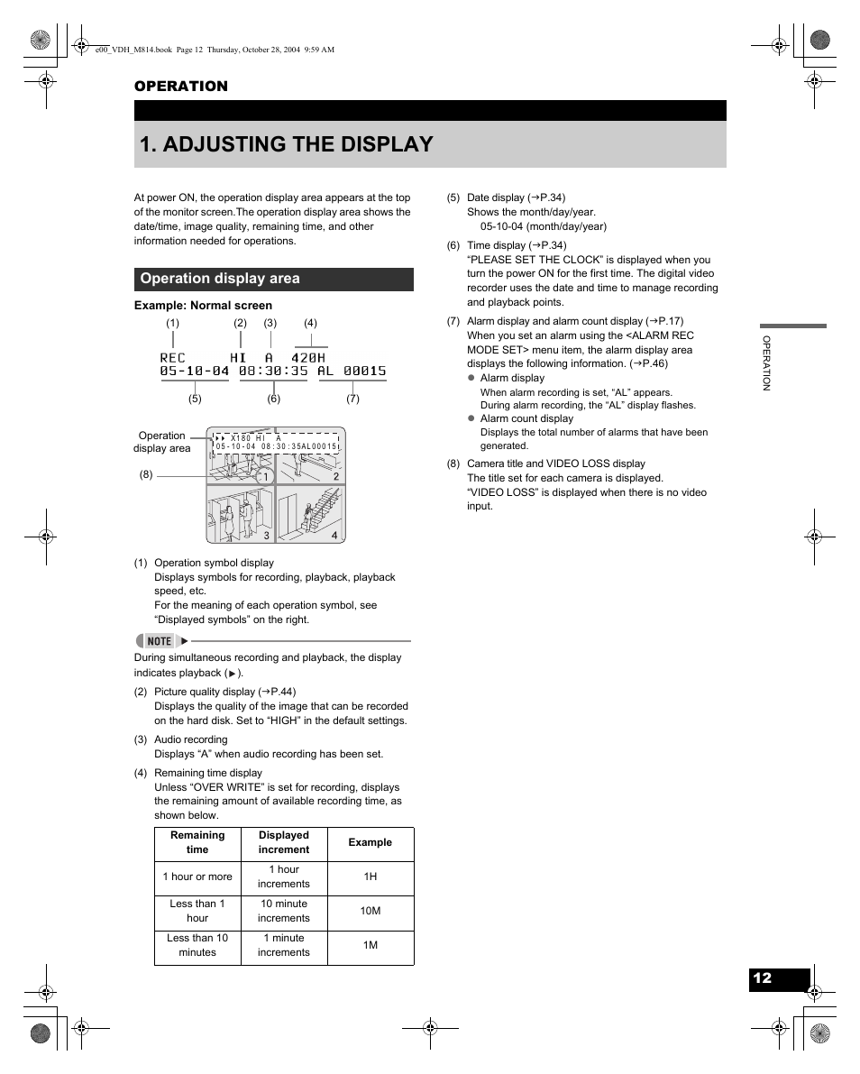 Adjusting the display, Operation display area, Operation | Sanyo DSR-M814 User Manual | Page 13 / 73