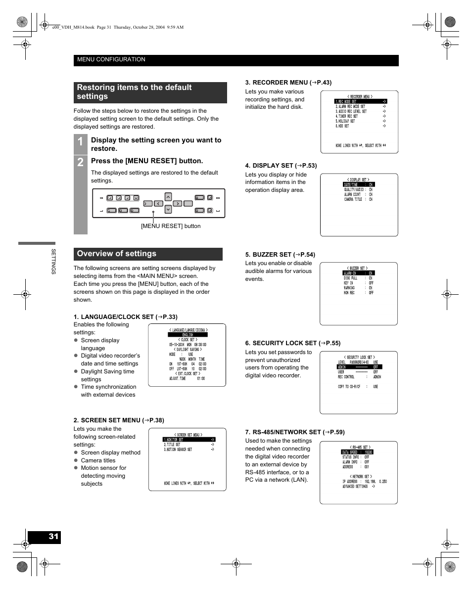 Restoring items to the default settings, Overview of settings | Sanyo DSR-M814 User Manual | Page 32 / 73