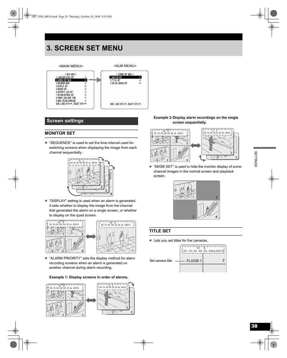 Screen set menu, Screen settings, Monitor set | Title set | Sanyo DSR-M814 User Manual | Page 39 / 73