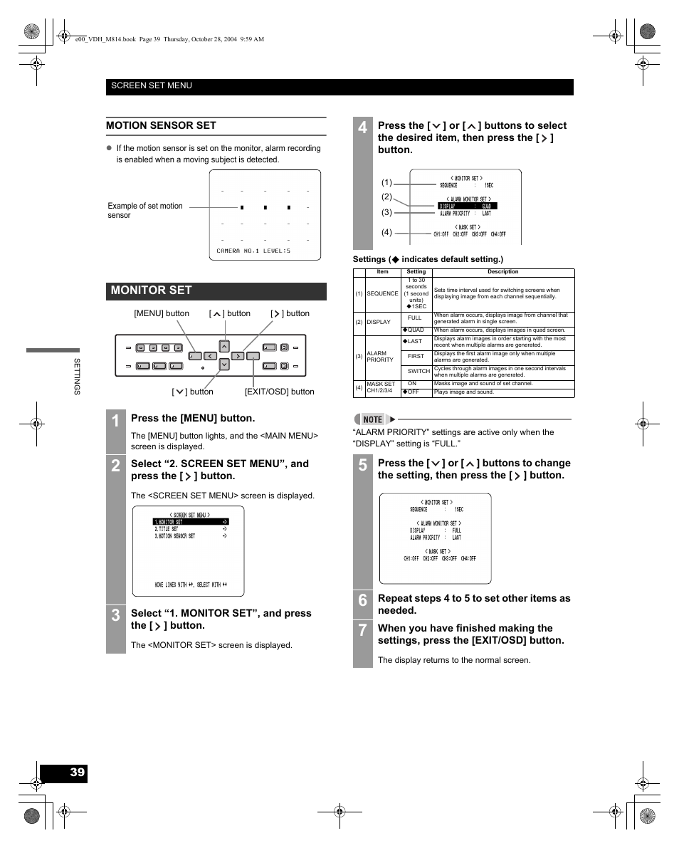 Monitor set | Sanyo DSR-M814 User Manual | Page 40 / 73